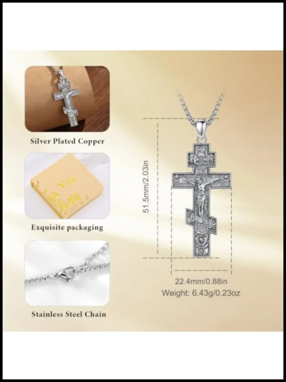 Silver Plated Copper Orthodox Crucifix Necklace for Men Women Antique Oxidized
